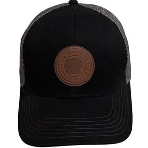 Indian Motorcycle Leather Logo Patch Black Gray Mesh Adjustable Trucker Hat NWOT